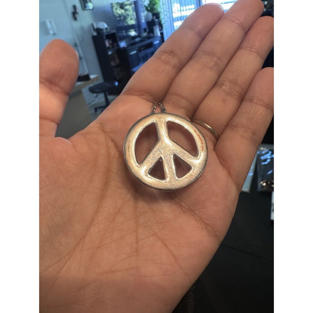 Vintage Peace Sign Brooch Pin Pendant Necklace Silver Tone Chunky Hippie